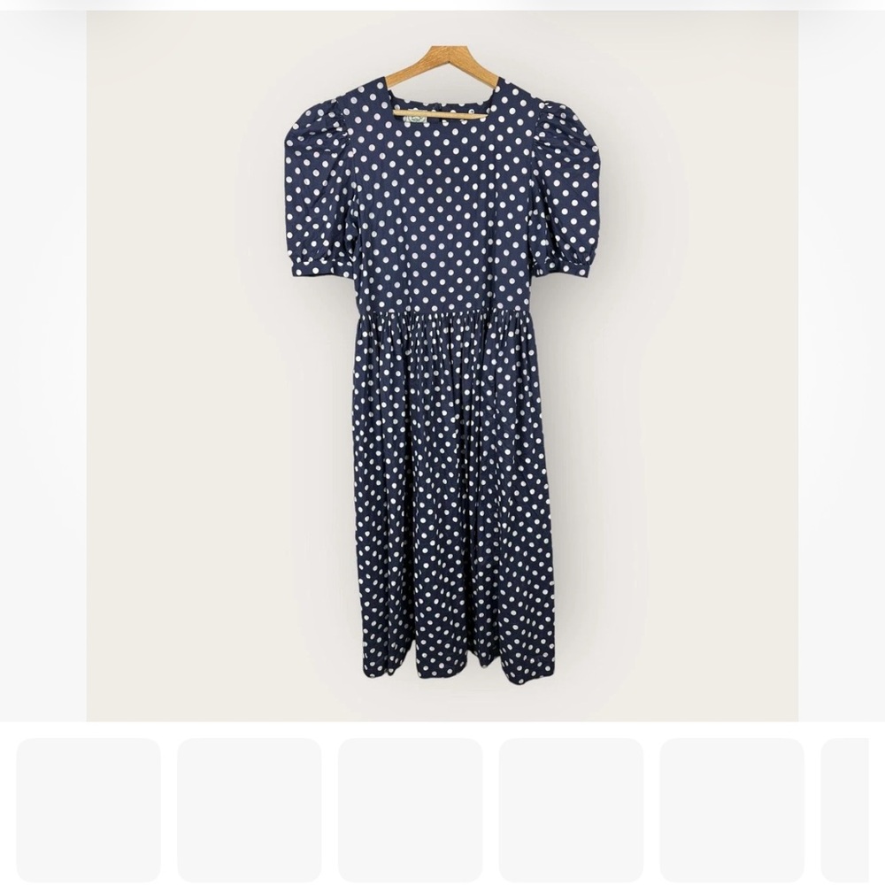 Laura Ashley Navy and White Polka Dot Midi Dress with Puff Sleeves